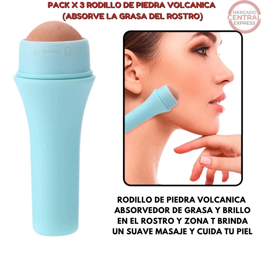 Pack x 3 Rodillos de Piedra Volcanica Natural Absorve la Grasa y Elimina el Brillo del Rostro