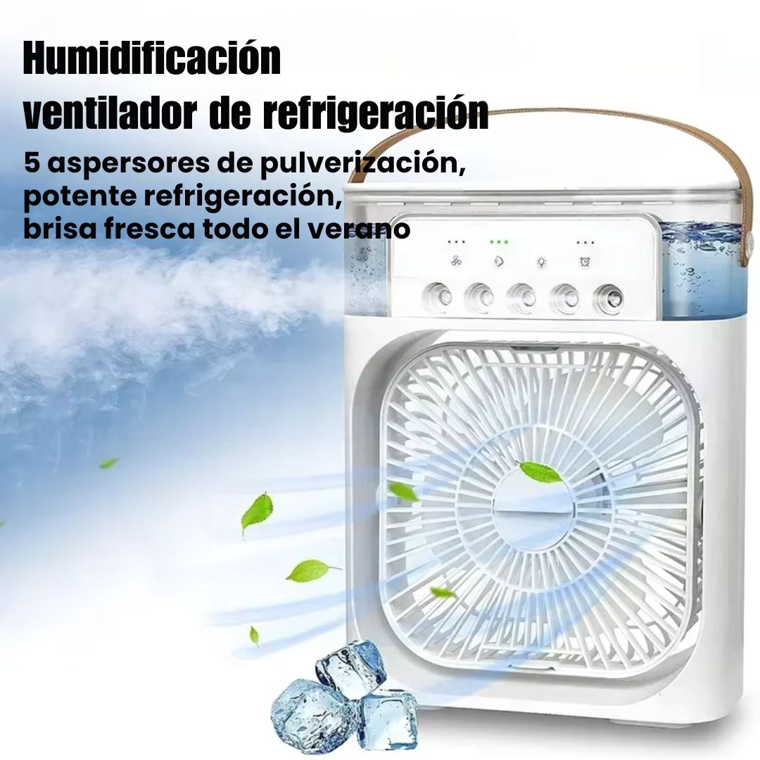 Ventilador y Enfriador de ambientes Multifuncional de Cinco Aspersores - Frescura y Confort en un Solo Equipo