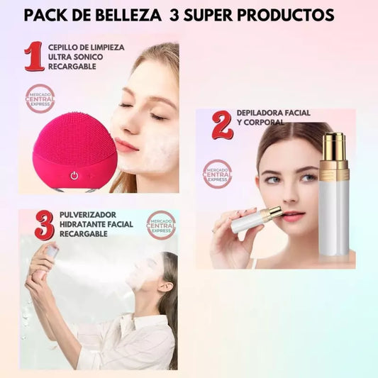 Pack de Belleza (Cepillo Facial Recargable + Depiladora Facial y Corporal + Hidratante Facial Recargable)