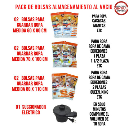 Pack de 6 Bolsas al Vacío Ahorra Espacio Incluye Succionador Eléctrico